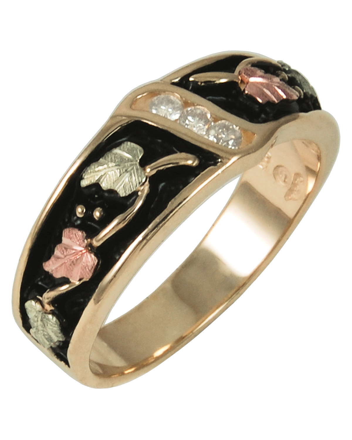 3 Stone Chanel Set Diamond Ring, 10k Yellow Gold, 12k Rose Gold, 12k Green Gold Black Hills Gold Motif.