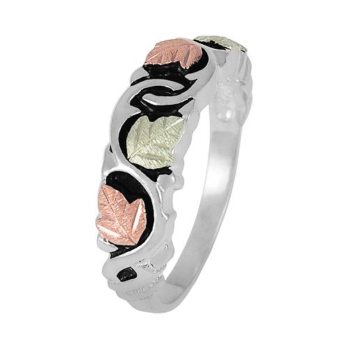 Black Hills Gold Motif Scalloped Band, Sterling Silver, 12k Rose Gold, 12k Green Gold.