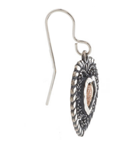 Oxidized Filigree Heart Earrings, Black Hills Gold on Sterling Silver, Side View