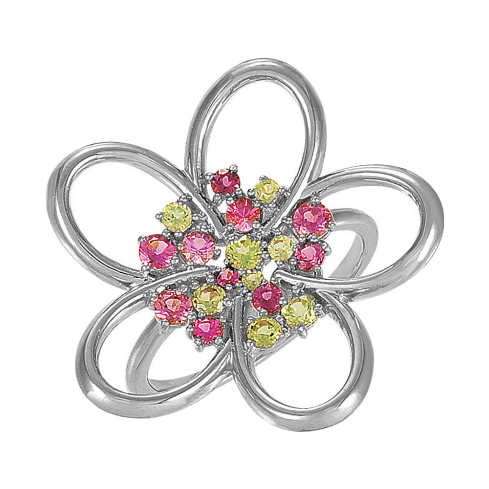 Pink Tourmaline and Arizona Peridot Floral Ring, 26.6mm Rhodium Plated 14k White Gold. 