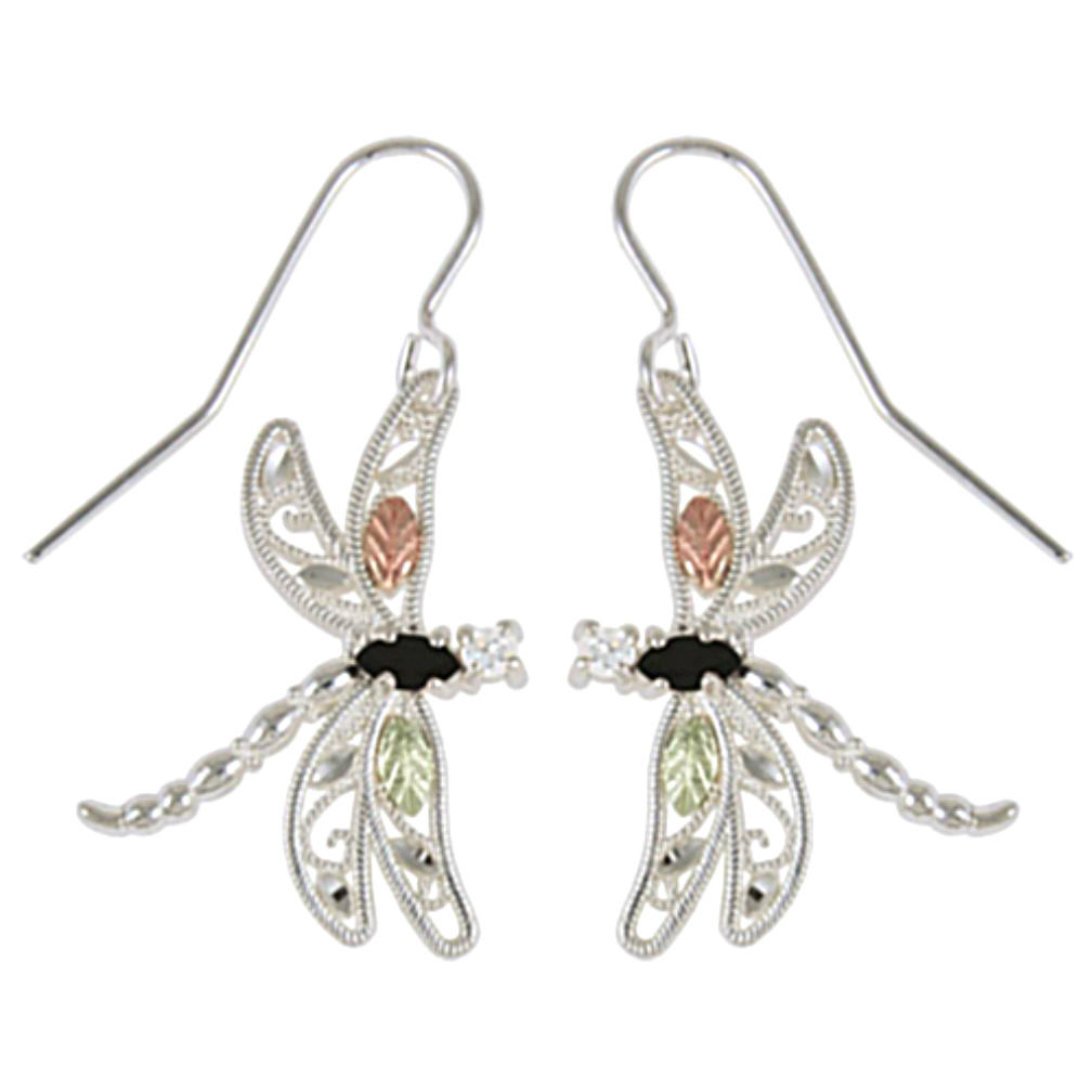 Onyx and CZ Dragonfly Earrings, Sterling Silver, 12k Green and Rose Gold Black Hills Gold Motif