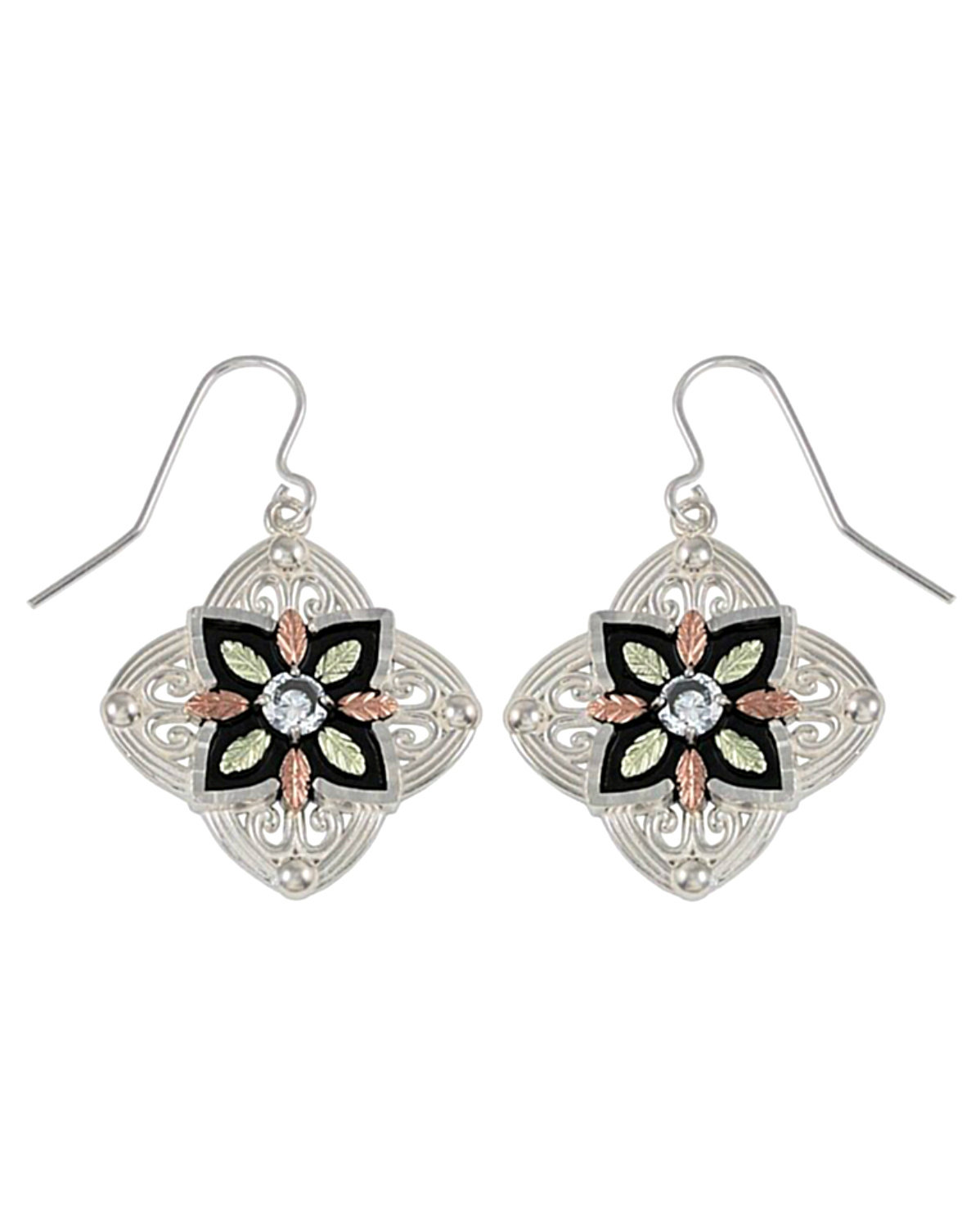 CZ Passion Flower Antiqued Earrings, Sterling Silver, 12k Green and Rose Gold Black Hills Gold Motif