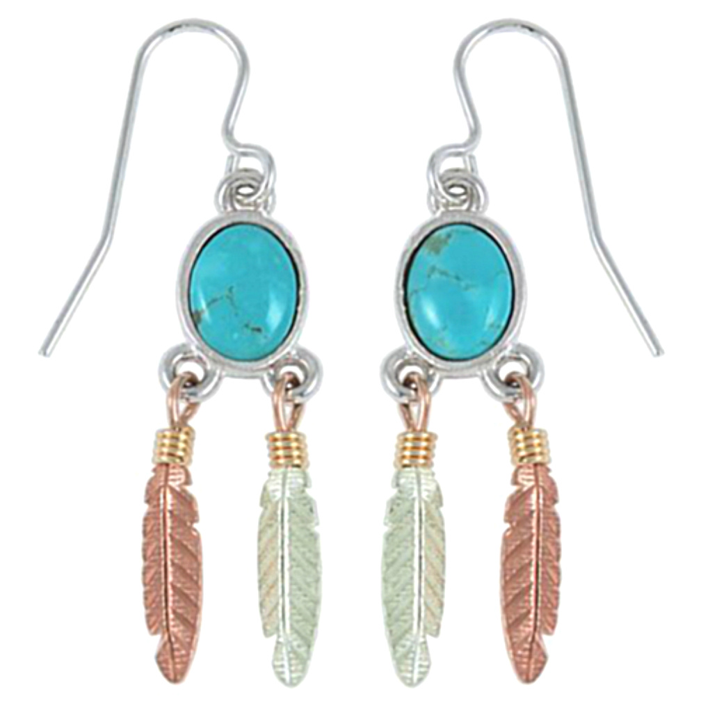 Turquoise Feather Earrings, Sterling Silver, 12k Green and Rose Gold Black Hills Gold Motif