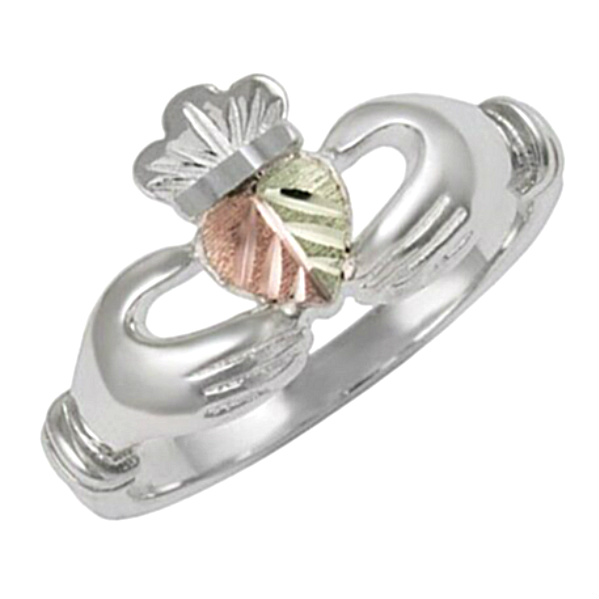 Men's Claddagh Ring, Sterling Silver, 12k Green and Rose Gold Black Hills Gold Motif