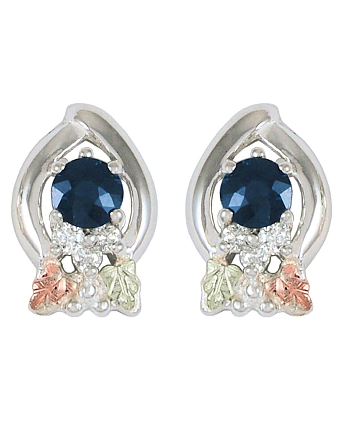 Sapphire and Diamond Earrings, Sterling Silver, 12k Green and Rose Gold Black Hills Gold Motif