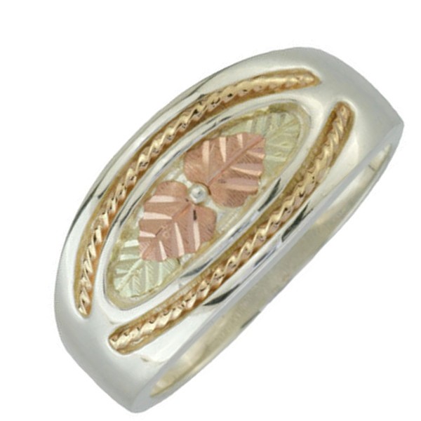 Oval Rope Trim Black Hills Gold Motif Ring, Sterling Silver, 10k Yellow Gold, 12k Rose and Green Gold.