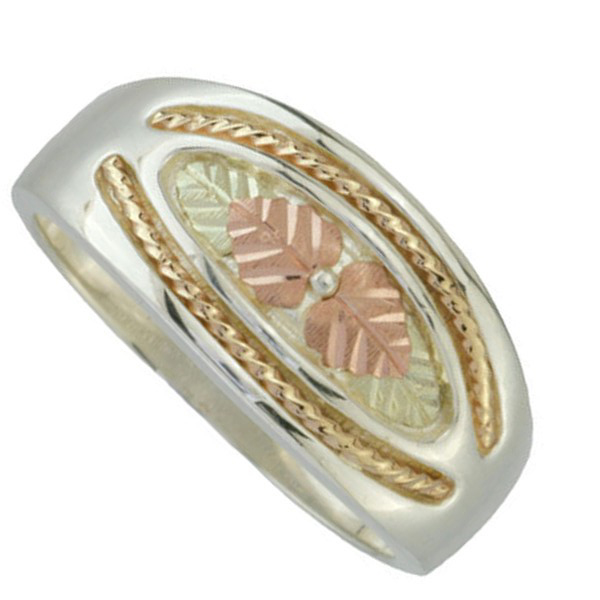 Oval Rope Trim Black Hills Gold Motif Ring, Sterling Silver, 10k Yellow Gold, 12k Rose and Green Gold