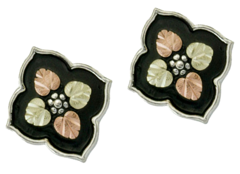 Antiqued Floral Earrings, Sterling Silver, 12k Green and Rose Gold Black Hills Gold Motif 