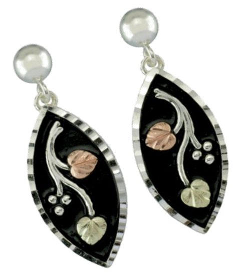 Antiqued Marquise Earrings, Sterling Silver, 12k Green and Rose Gold Black Hills Gold Motif 