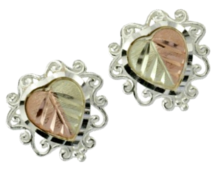 Heart and Fleury Earrings, Sterling Silver, 12k Rose and Green Gold Black Hills Gold Motif