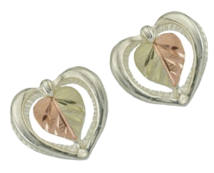 Heart Earrings, Sterling Silver, 12k Green and Rose Gold Black Hills Gold Motif