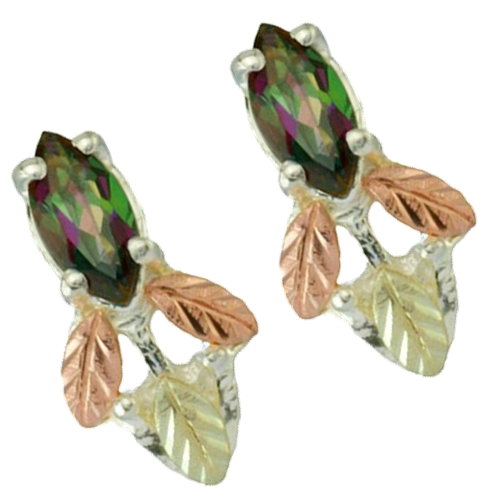 Mystic Fire Marquise Earrings, Sterling Silver, 12k Green and Rose Gold Black Hills Gold Motif 