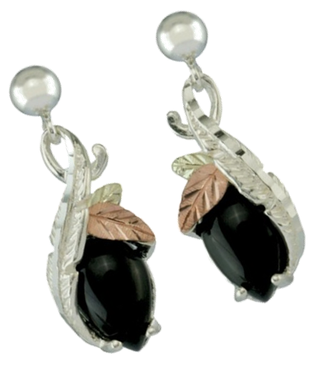 Onyx Cabochon Earrings, Sterling Silver, 12k Green and Rose Gold Black Hills Gold Motif