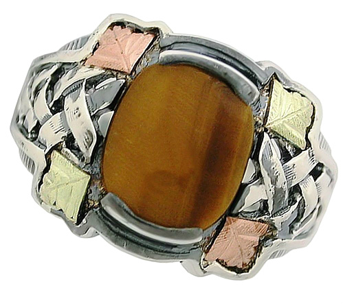 Oxidized Tiger Eye Ring, Sterling Silver, 12k Green and Rose Gold Black Hills Gold Motif