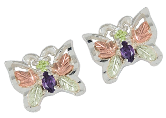 Peridot and Amethyst Butterfly Earrings, Sterling Silver, 12k Rose and Green Gold Black Hills Gold Motif