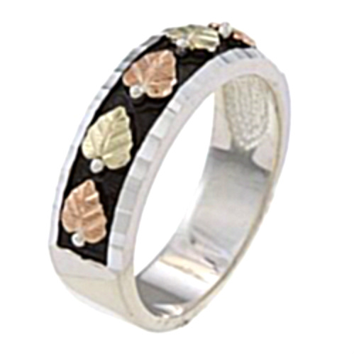 Tri-Tone Leaf Antiqued Band, Sterling Silver, 12k Green and Rose Gold Black Hills Gold Motif