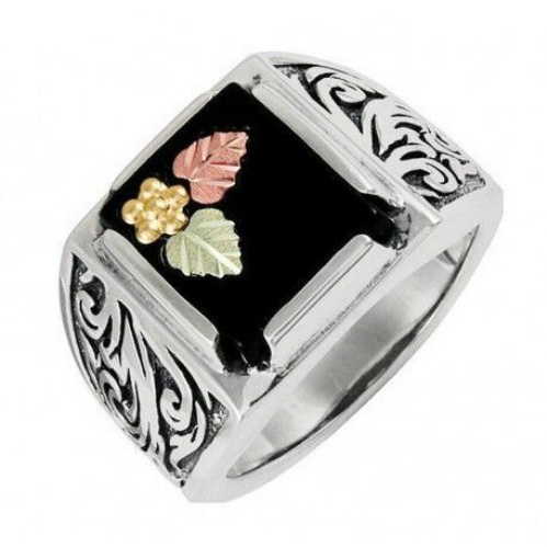 Men's Oxidized Onyx Scrollwork Band, Sterling Silver, 12k Green and Rose Gold Black Hills Gold Motif