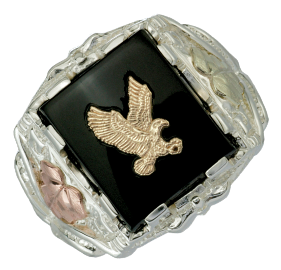 Onyx and 10k yellow gold American Eagle signet ring, sterling silver, 12k green gold and rose gold Black Hills Gold 