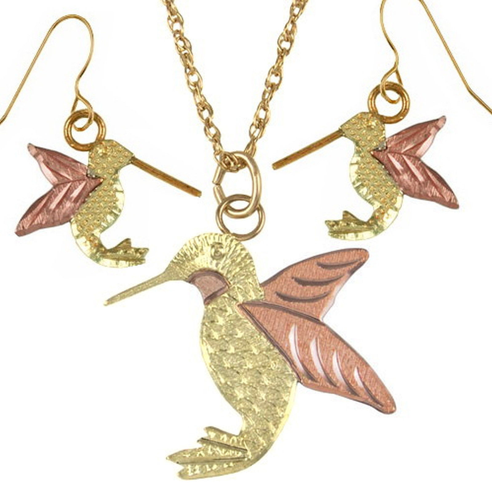 Hummingbird Earrings, Necklace, 10k Yellow Gold, 12k Green and Rose Gold Black Hills Gold Motif. 