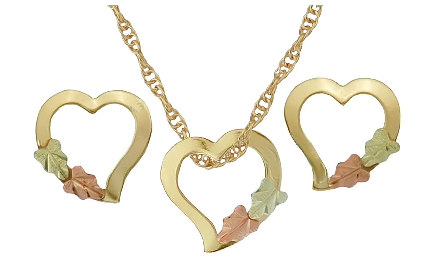 Floating hearts Earrings And Necklace Jewelry Set, 10k Yellow Gold, 12k Green and Rose Gold Black Hills Gold Motif. 