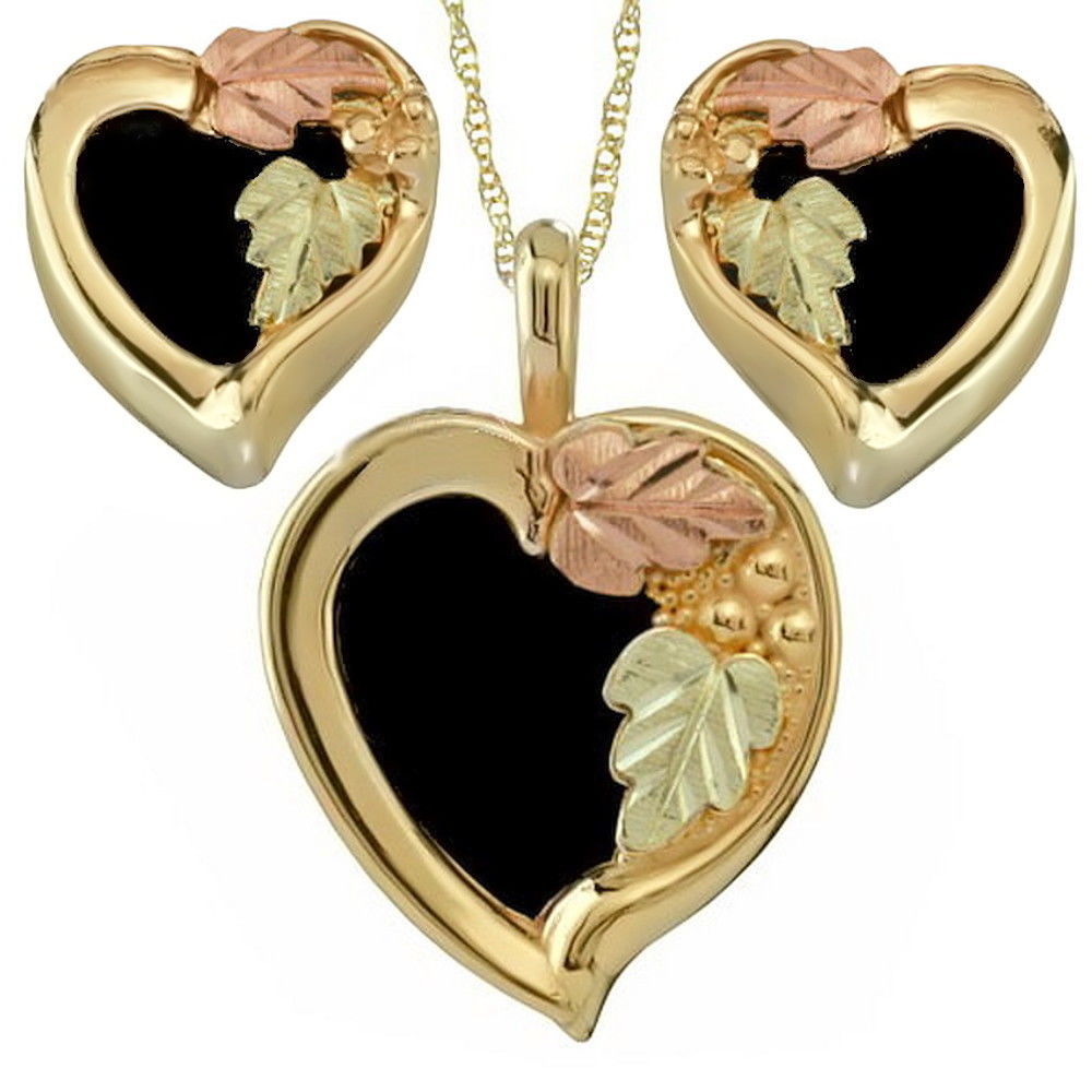 Onyx Heart Necklace and Earrings Jewelry Set, Black Hills Gold on 10k Yellow Gold, 12k Rose and Green Gold. 