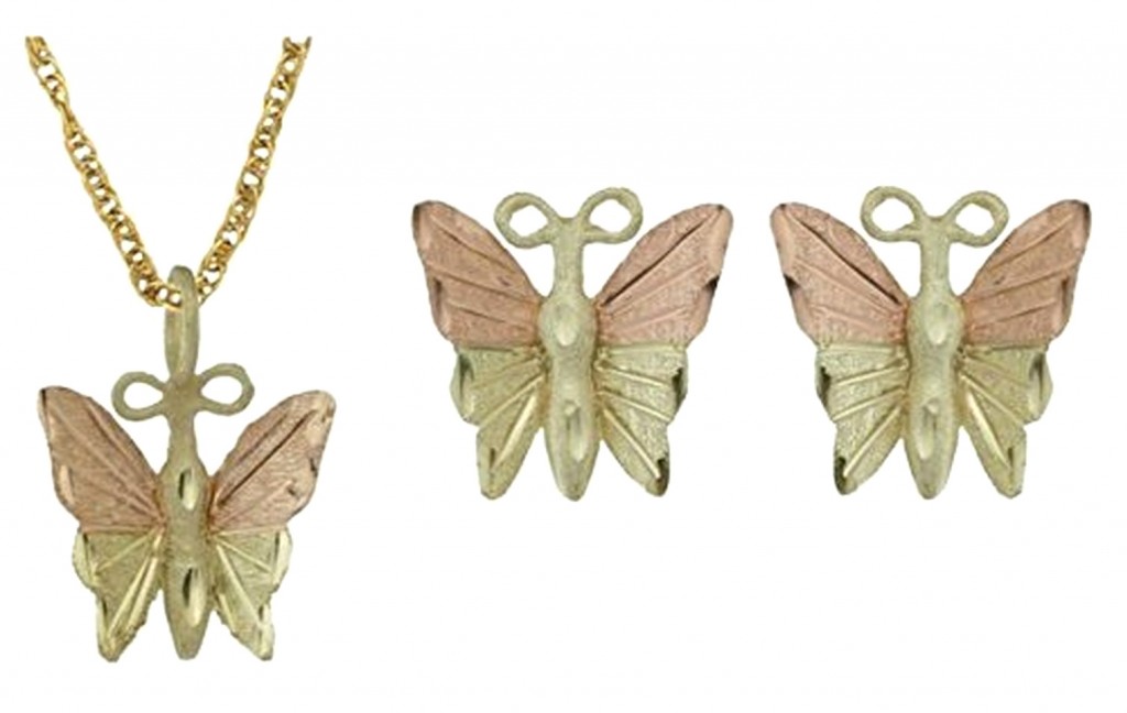 Butterfly Necklace and Earrings Jewelry Set, Black Hills Gold on 10k Yellow Gold, 12k Rose and Green Gold. 