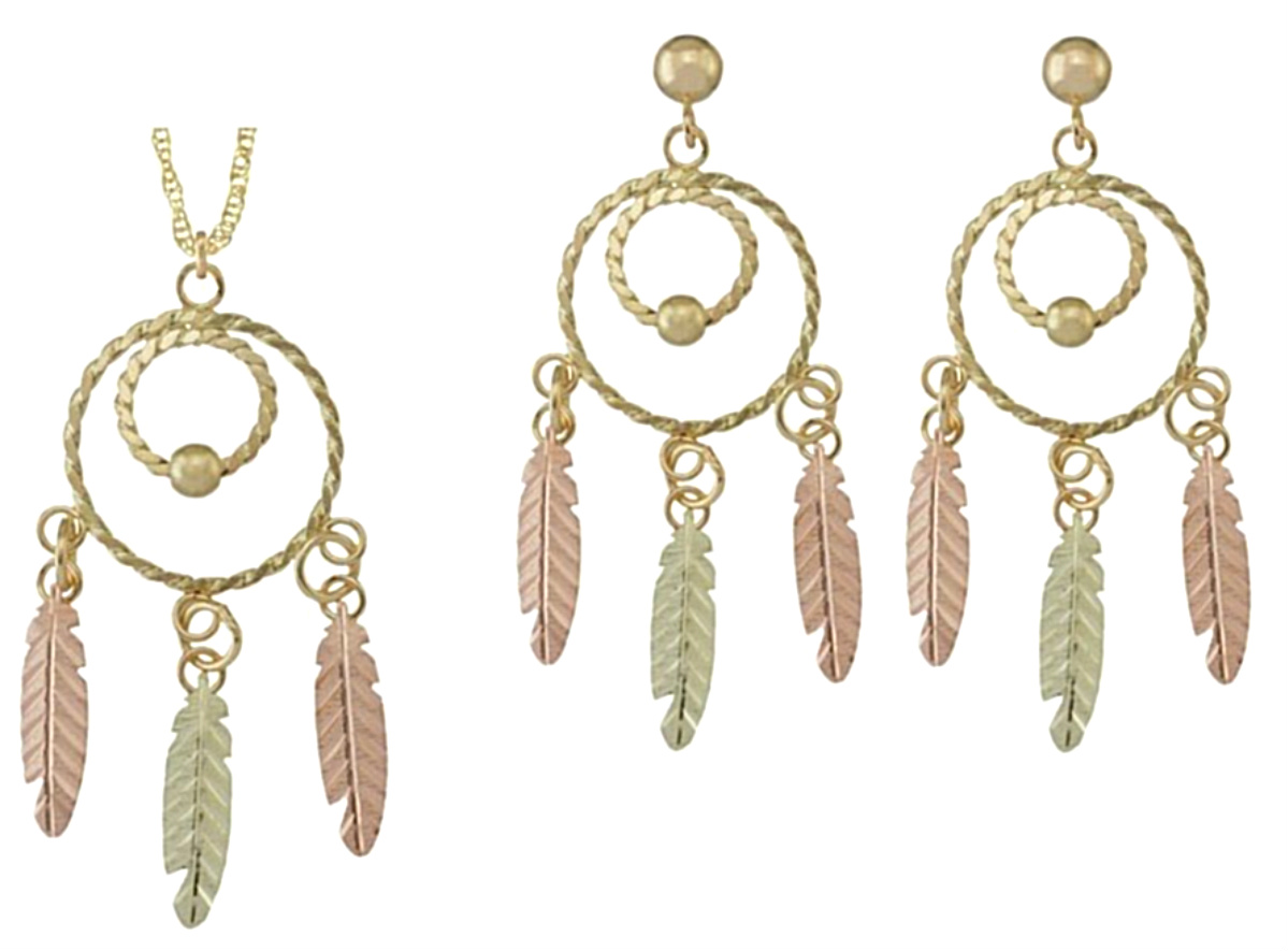 Dream Catcher Necklace and Earrings Jewelry Set, 10k Yellow Gold, 12k Rose and Green Gold Black Hills Gold. 