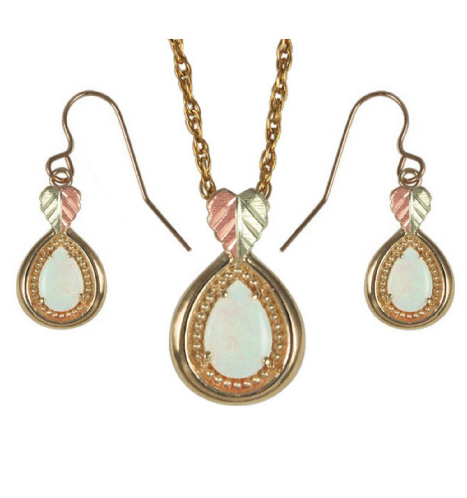 Opal Teardrop Granulated Bead Border Necklace and Earrings Jewelry Set, Black Hills Gold on 10k Yellow Gold, 12k Rose and Green Gold. 