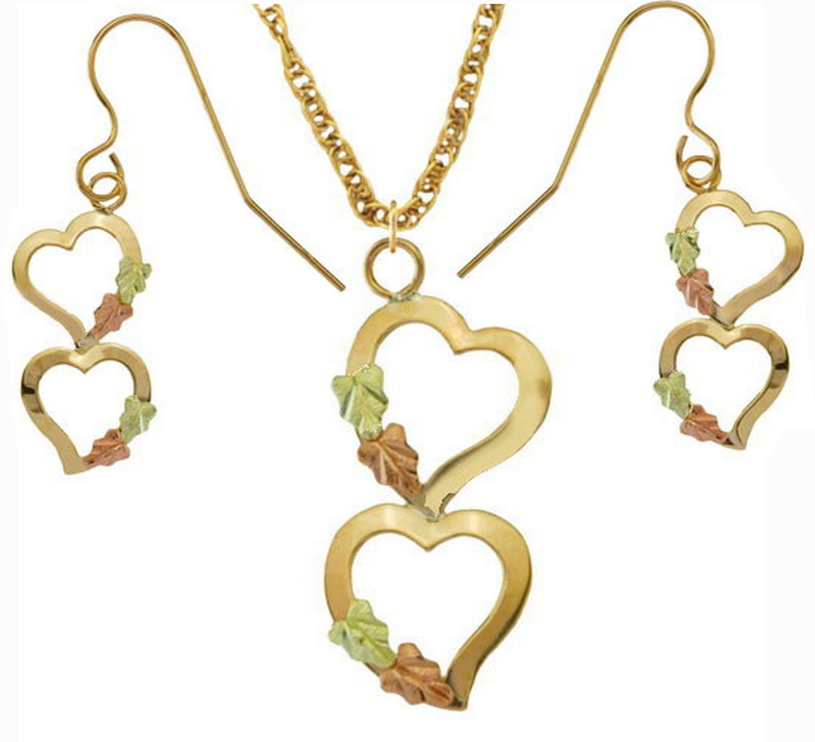 Double Floating Heart Necklace and Earrings Jewelry Set, Black Hills Gold on 10k Yellow Gold, 12k Rose and Green Gold. 