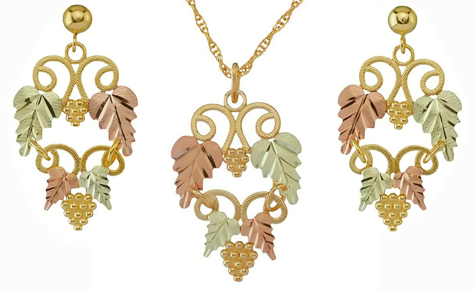 Frosty Grape Cluster Necklace and Earrings Jewelry Set, Black Hills Gold on 10k Yellow Gold, 12k Rose and Green Gold, 18