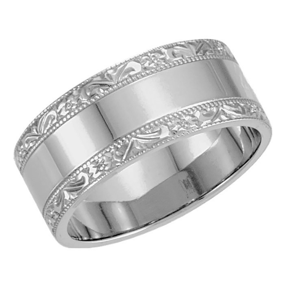 Milgrain Edging Hand Engraved Band, 8.5mm 14k White Gold