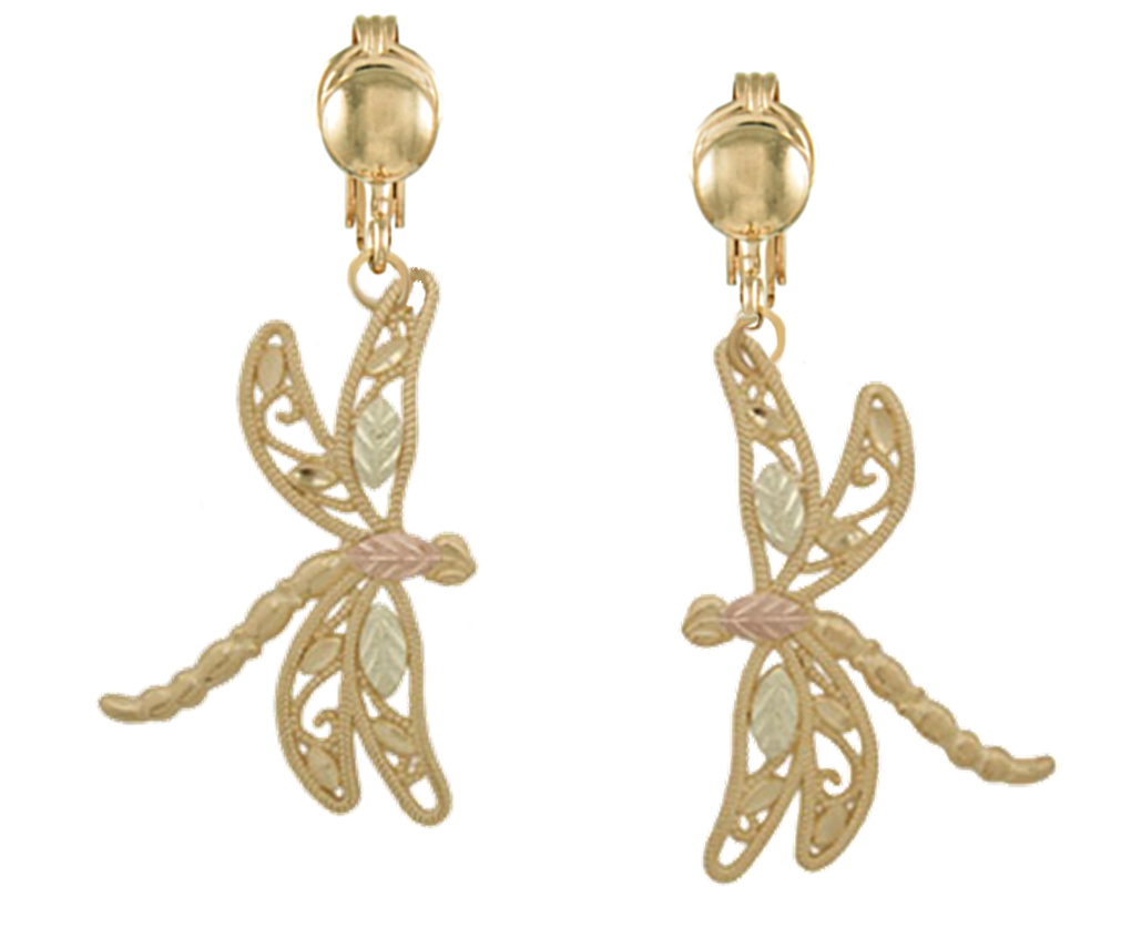 Dragonfly Clip-On Earrings, 10k Yellow Gold, 12k Green and Rose Gold Black Hills Gold Motif