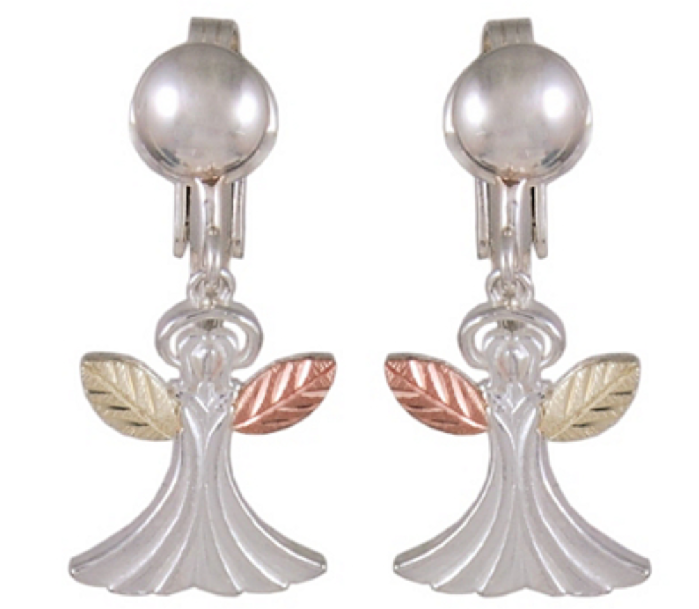 Angel Clip-On Drop Earrings, Sterling Silver, 12k Rose and Green Gold Black Hills Gold Motif