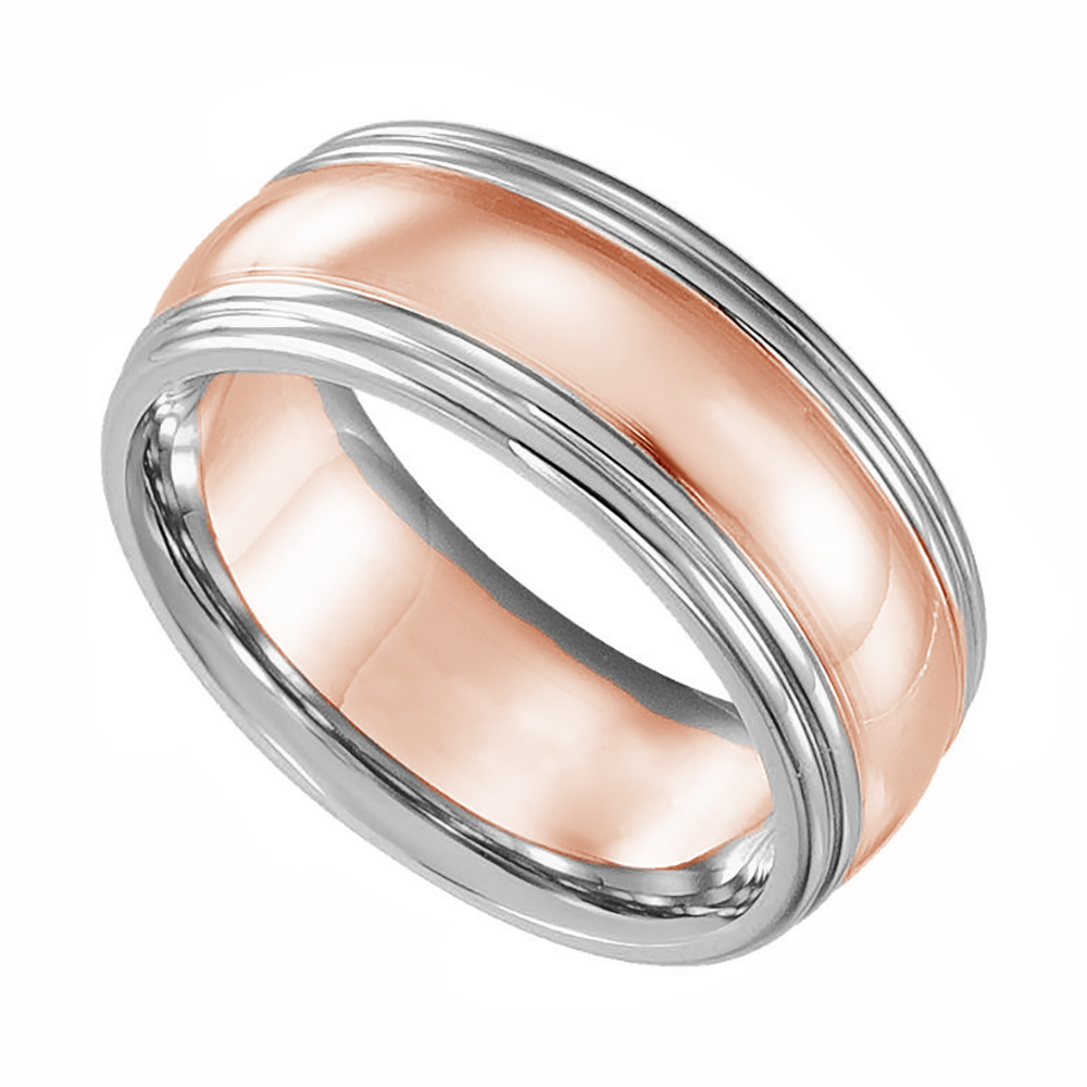 Slightly Domed Two-Tone Comfort-Fit Band, 8mm Rhodium Plated 14k White, Rose and White Gold