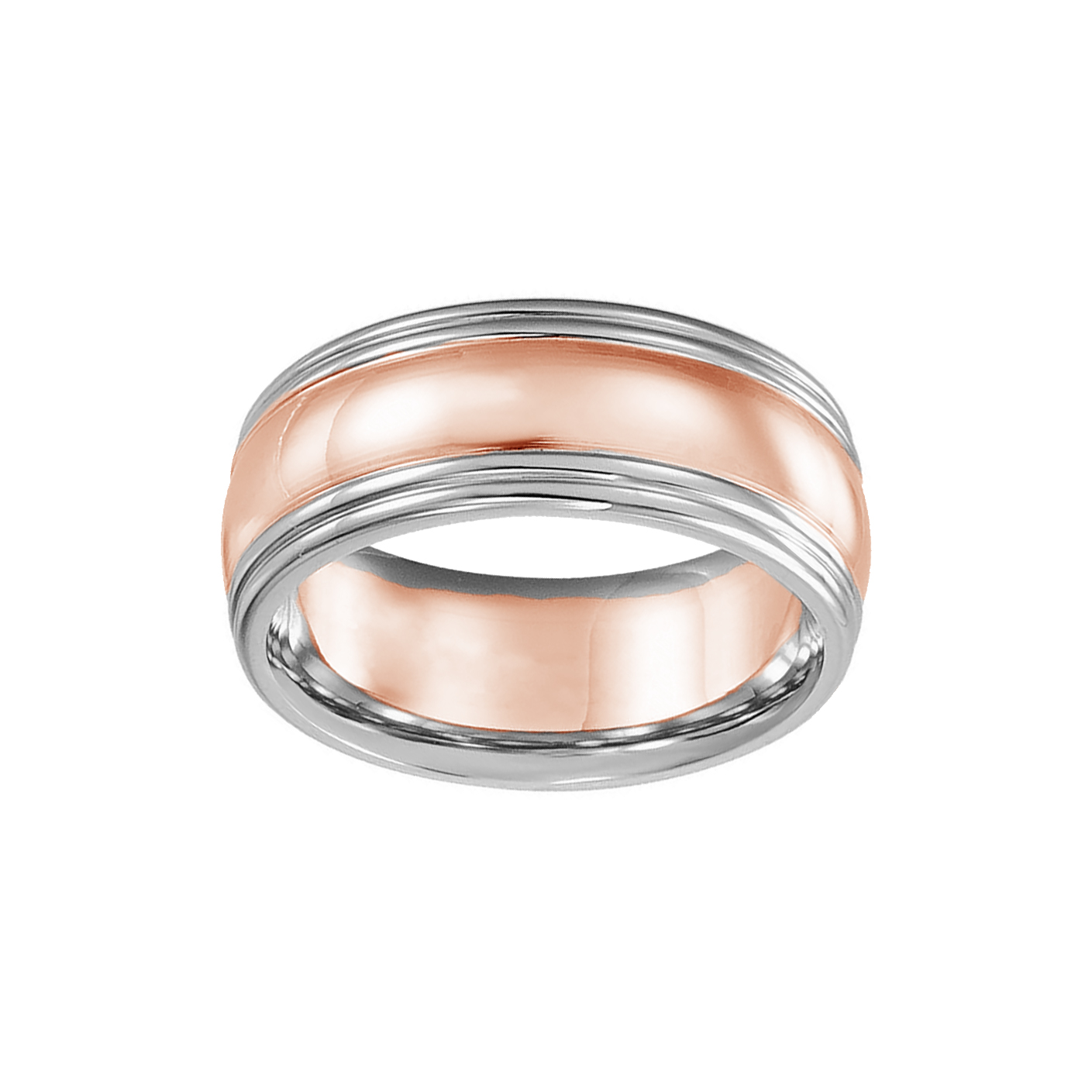 Slightly Domed Two-Tone Comfort-Fit Band, 8mm Rhodium Plated 14k White, Rose and White Gold