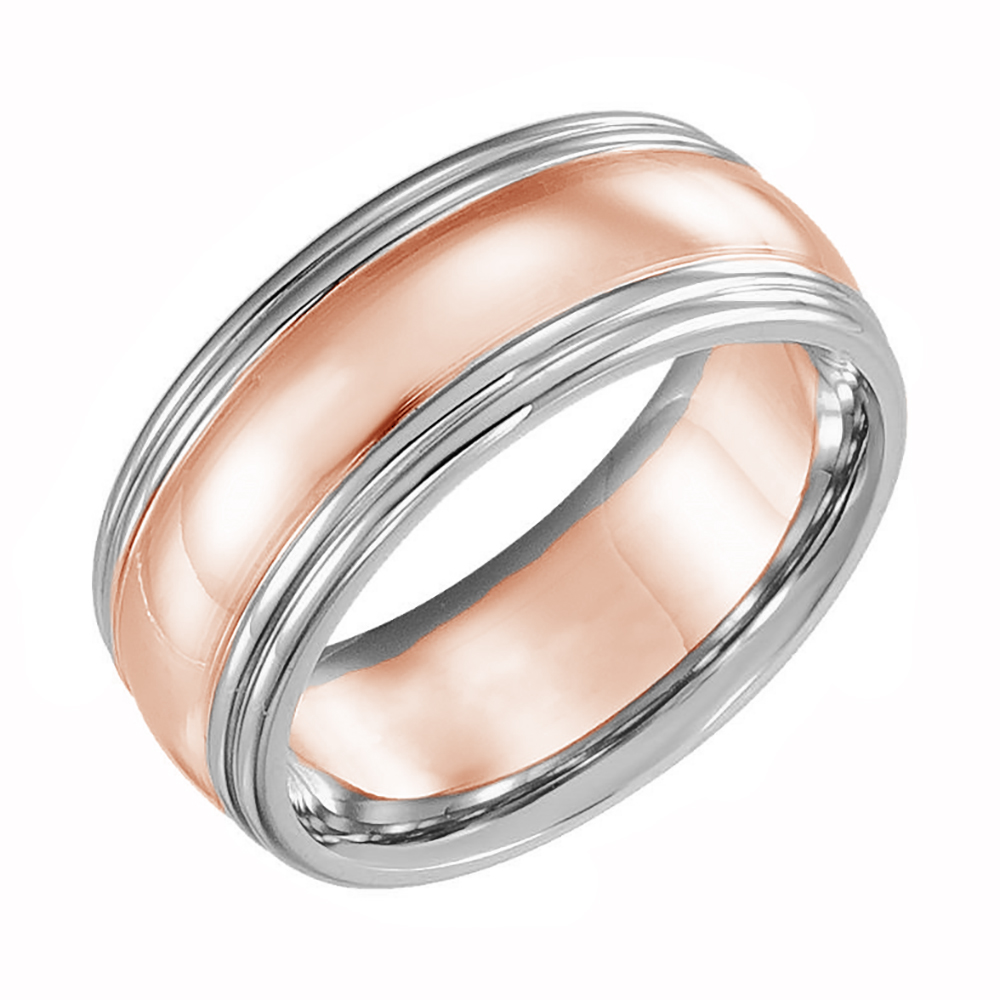 Slightly Domed Two-Tone Comfort-Fit Band, 8mm Rhodium Plated 14k White, Rose and White Gold