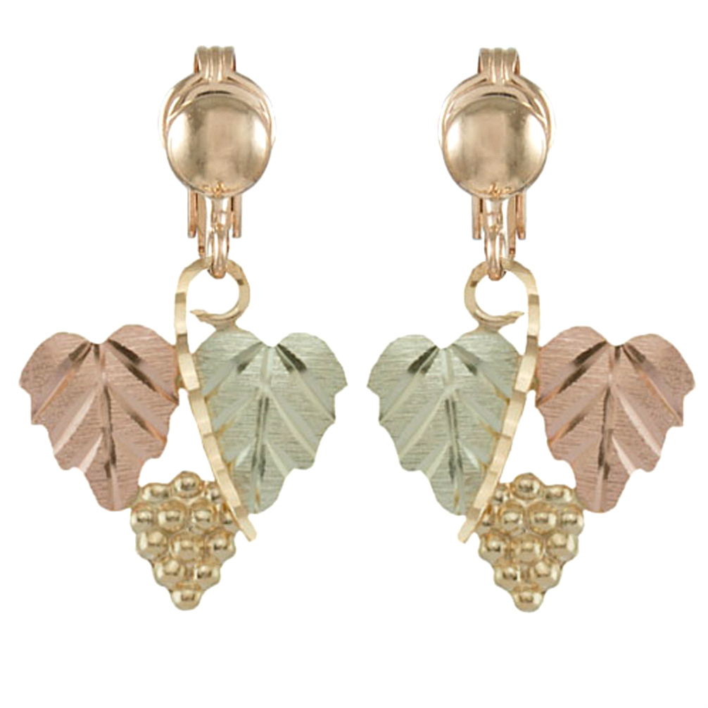 Grape Leaf Cluster Clip-On Drop Earrings, 10k Yellow Gold, 12k Rose and Green Gold Black Hills Gold Motif