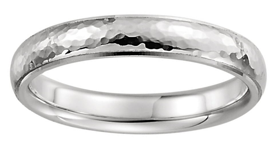 14k white gold hammer finished dome, slim-profile 4mm comfort-fit band.