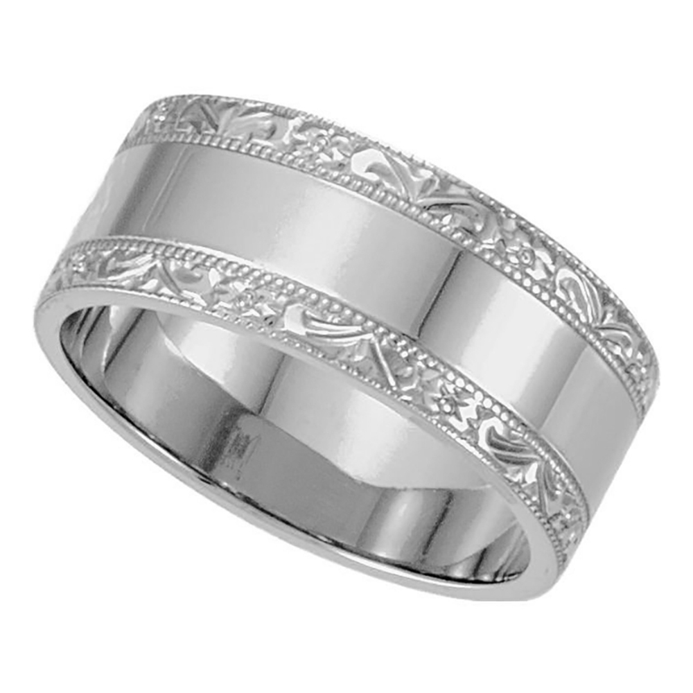 Milgrain Edging Hand Engraved Band, 8.5mm 14k White Gold