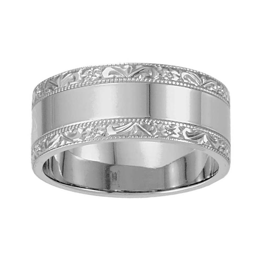 Milgrain Edging Hand Engraved Band, 8.5mm 14k White Gold