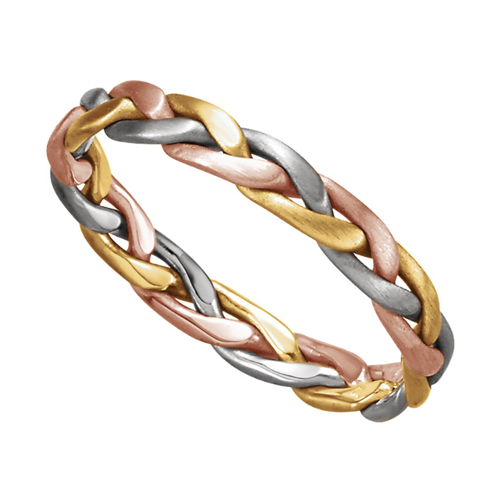 Two-Tone Hand-Woven Band, 3.5mm 14k White, Yellow and Rose Gold