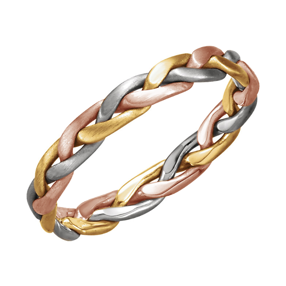 Two-Tone Hand-Woven Band, 3.5mm 14k White, Yellow and Rose Gold