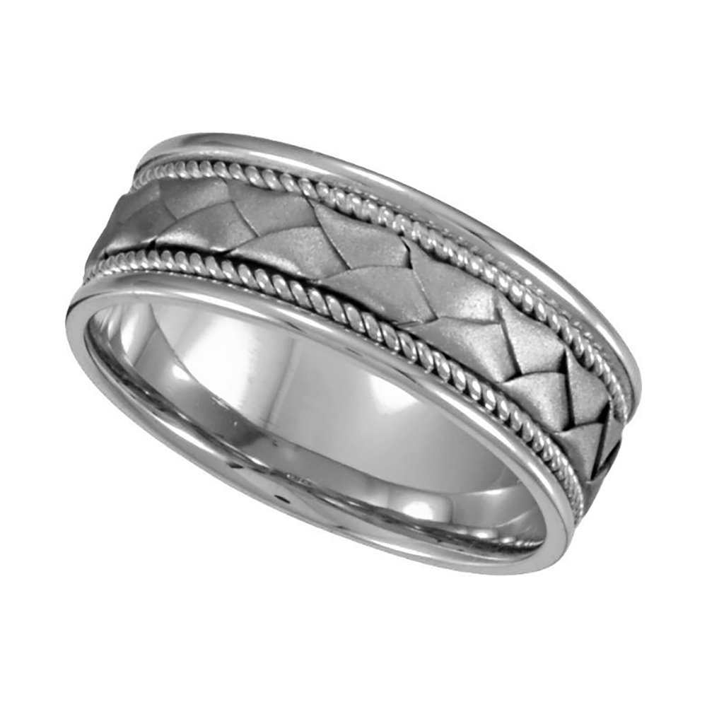 Rope Trim Hand Woven Comfort-Fit Band, 8mm 14k White Gold