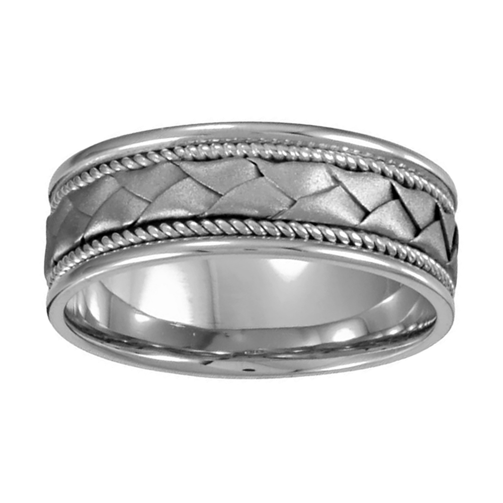 Rope Trim Hand Woven Comfort-Fit Band, 8mm 14k White Gold