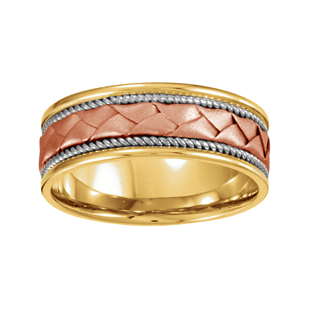 Rope Trim Hand Woven Comfort-Fit Band, 8mm 14k Yellow, White and Rose Gold