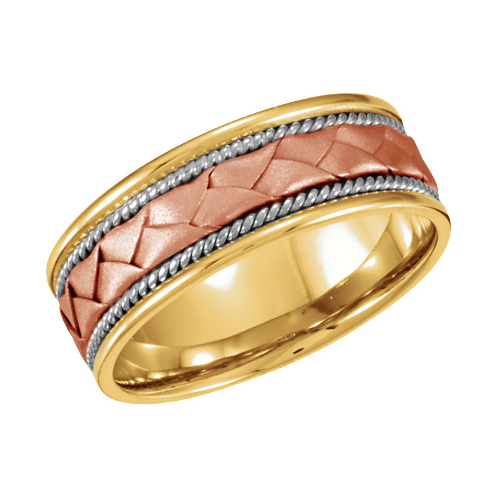 Rope Trim Hand Woven Comfort-Fit Band, 8mm 14k Yellow, White and Rose Gold