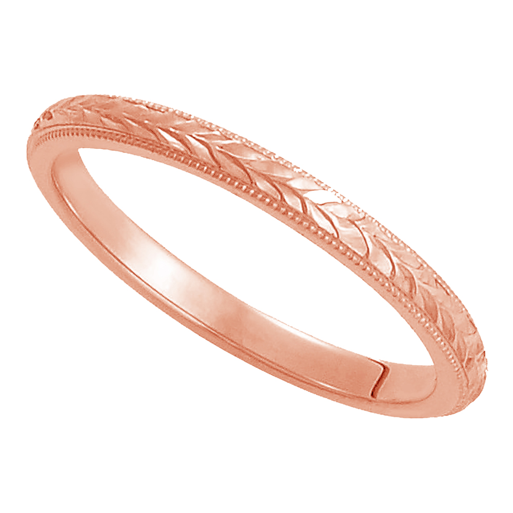 Fancy Leaf Design Hand-Engraved Comfort Fit Band, 2mm 14k Rose Gold