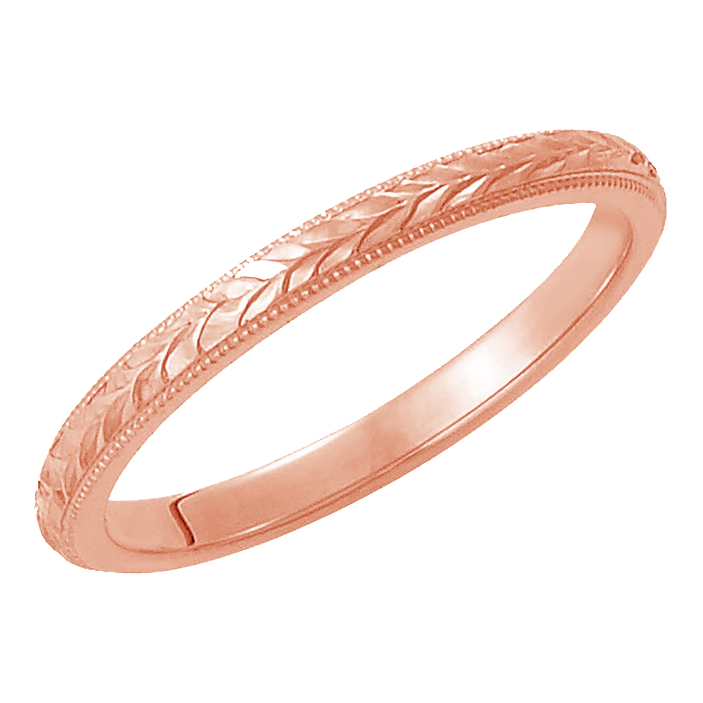 Fancy Leaf Design Hand-Engraved Comfort Fit Band, 2mm 14k Rose Gold