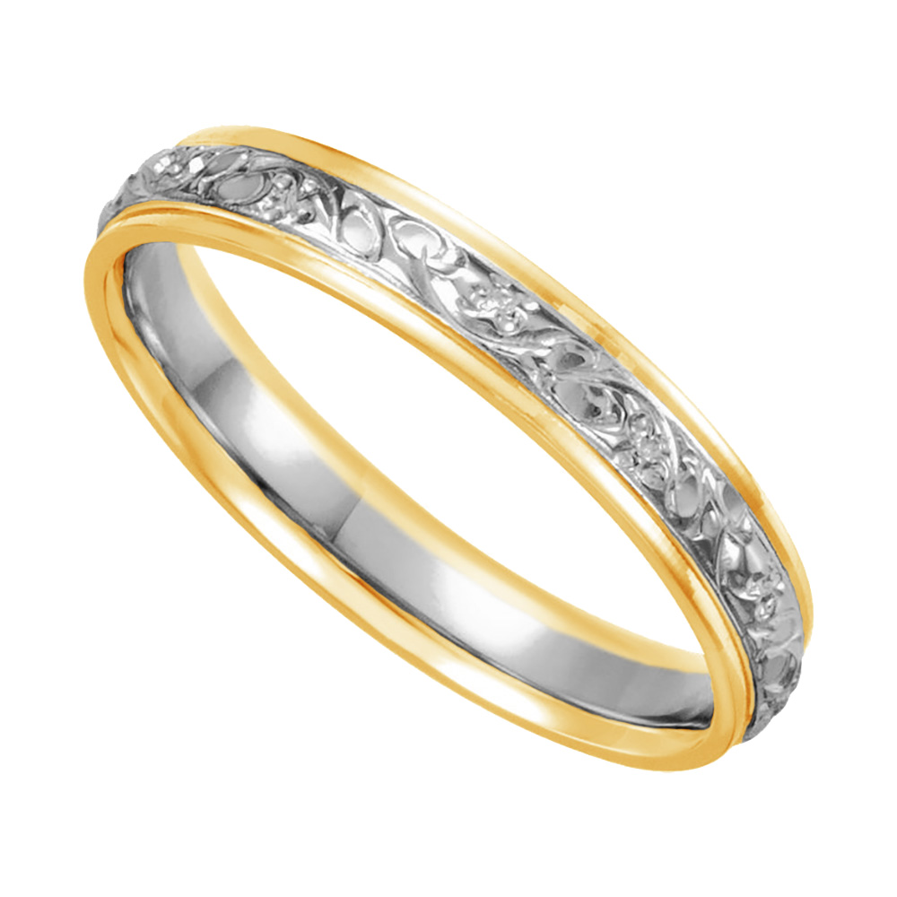 Hand Engraved Fleur de Lys Design Comfort-Fit Band, 4mm 14k Yellow and White Gold