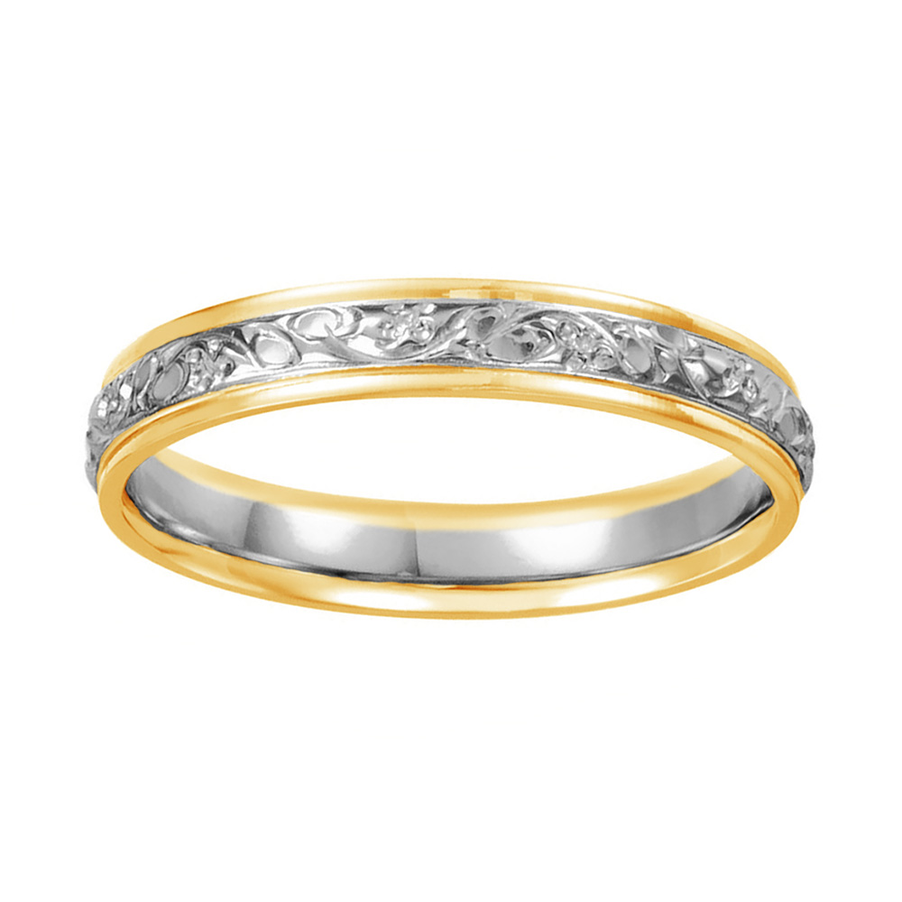 Hand Engraved Fleur de Lys Design Comfort-Fit Band, 4mm 14k Yellow and White Gold